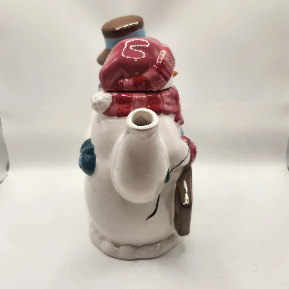 Snowman Family Ceramic Teapot Christmas Holiday Winter Decor Red Blue